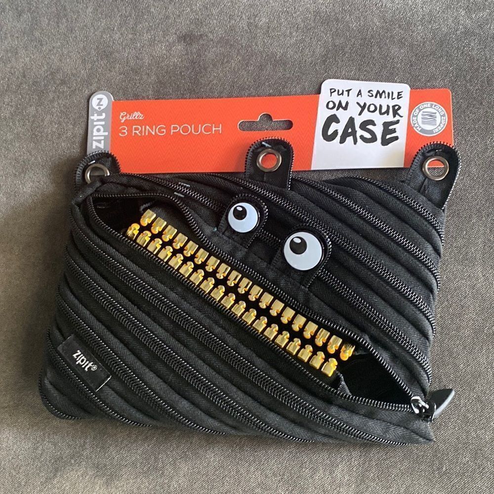 Zipit Grillz Black Pencil Case fits on 3 Ring Binder Folder NWT